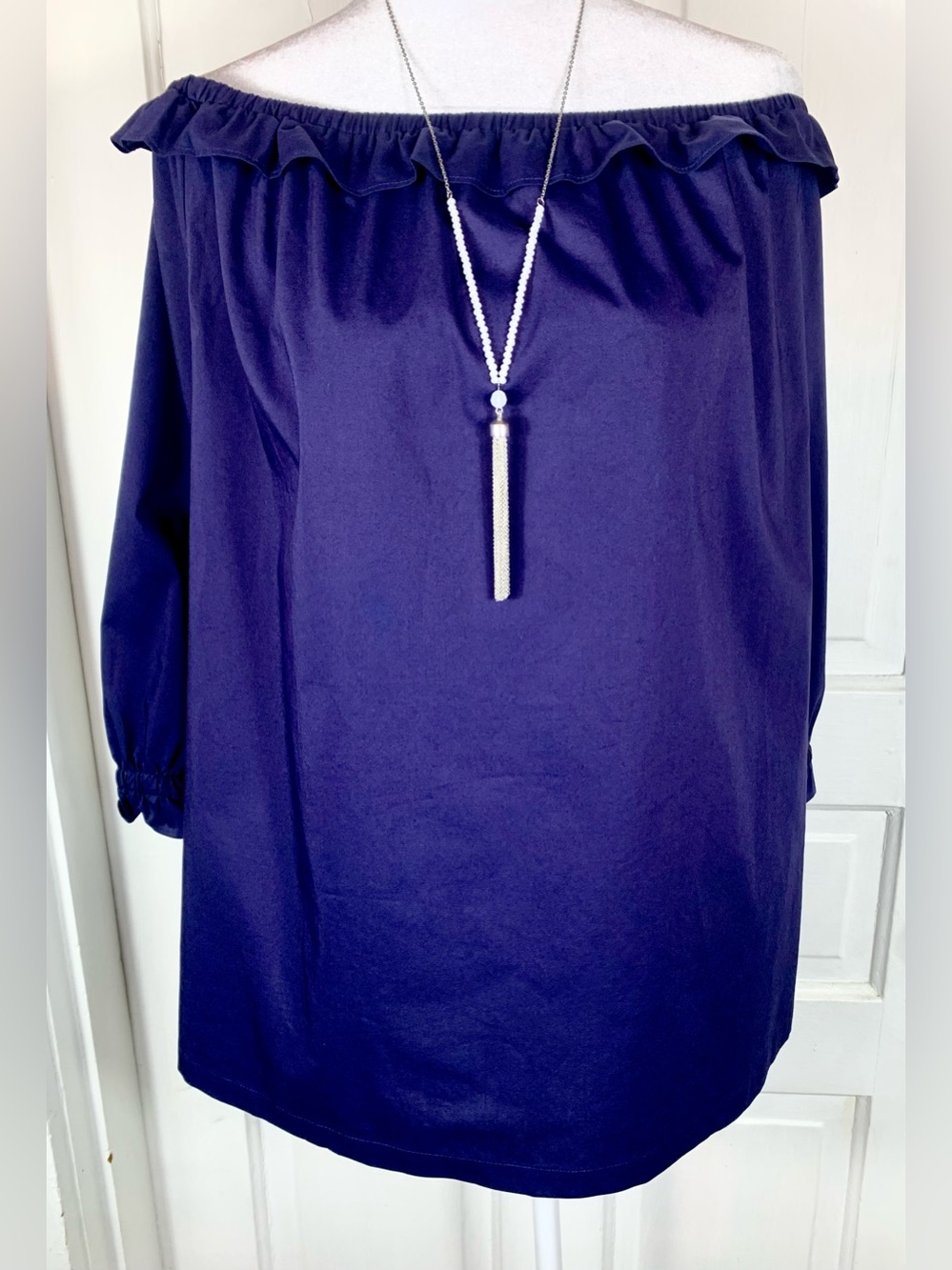 Elle Navy Blue Off-the-Shoulder w/ Long Peasant Sleeves & Cinched Cuffs